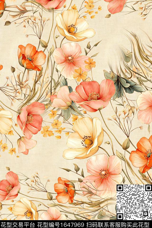 年轻女装满版散花花卉数码印花花型下载（图片编号: 1647969） - 瓦栏（Walan）
