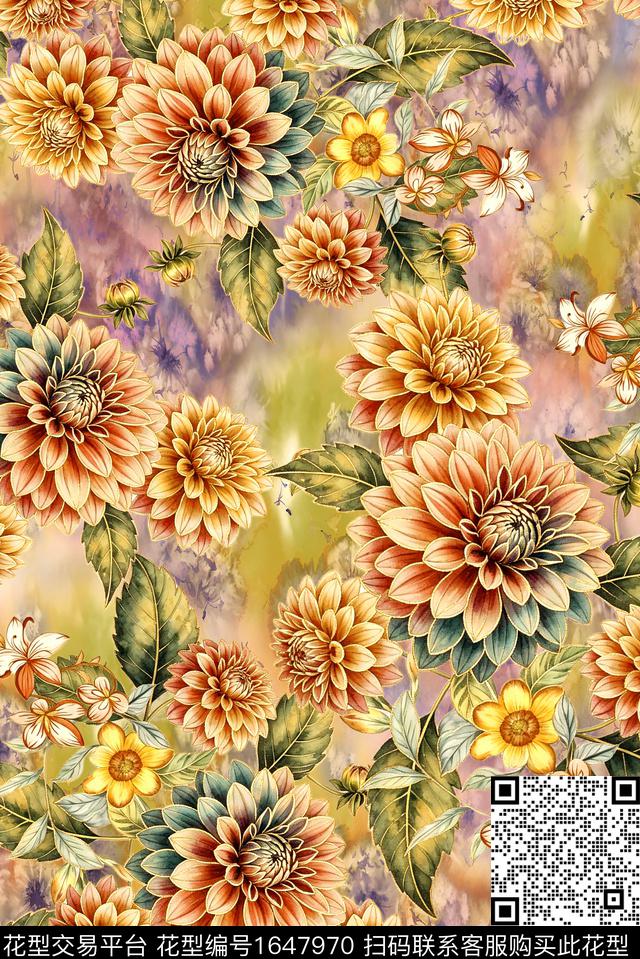 年轻女装满版散花花卉数码印花花型下载（图片编号: 1647970） - 瓦栏（Walan）