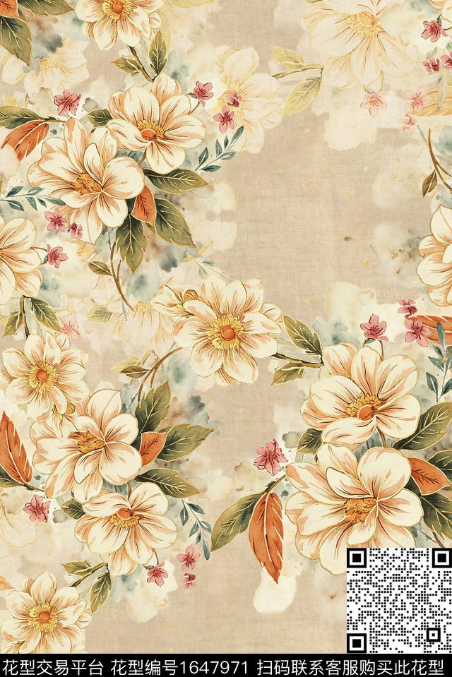 年轻女装满版散花花卉数码印花花型下载（图片编号: 1647971） - 瓦栏（Walan）