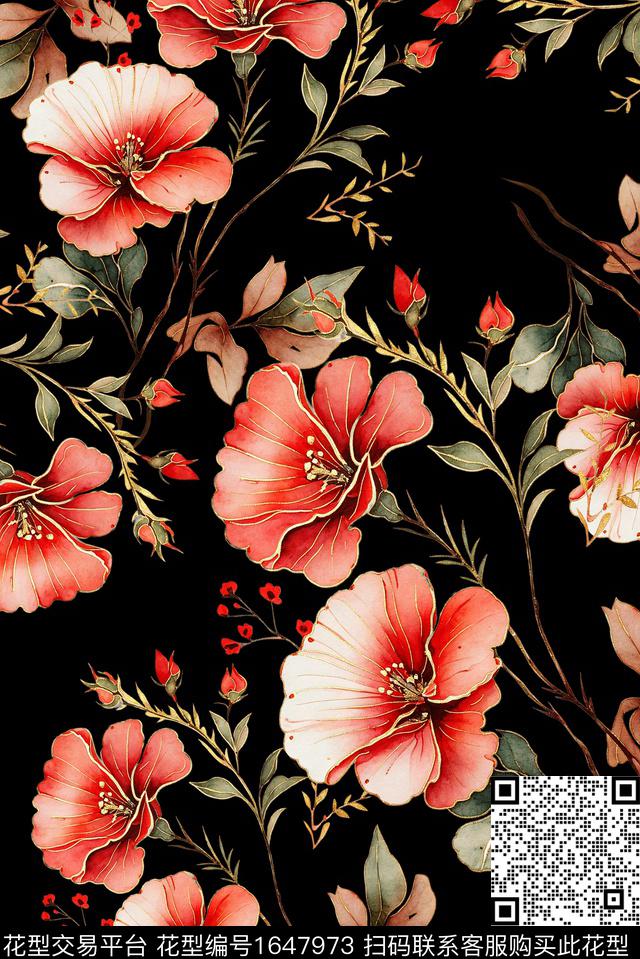 年轻女装满版散花花卉数码印花花型下载（图片编号: 1647973） - 瓦栏（Walan）