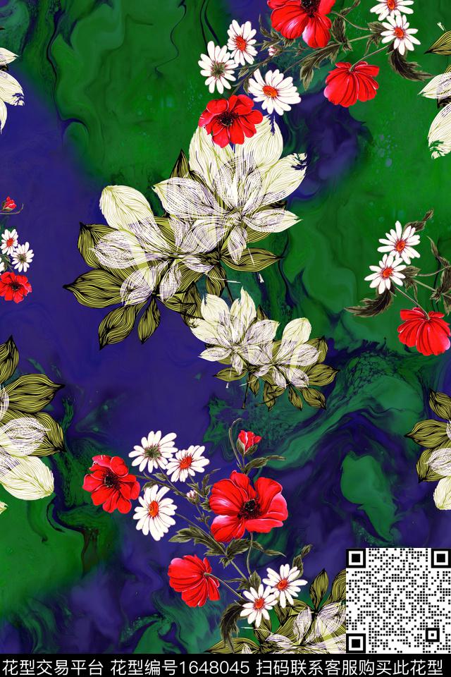 年轻女装满版散花花卉数码印花花型下载（图片编号: 1648045） - 瓦栏（Walan）