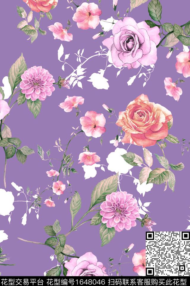 年轻女装满版散花花卉数码印花花型下载（图片编号: 1648046） - 瓦栏（Walan）