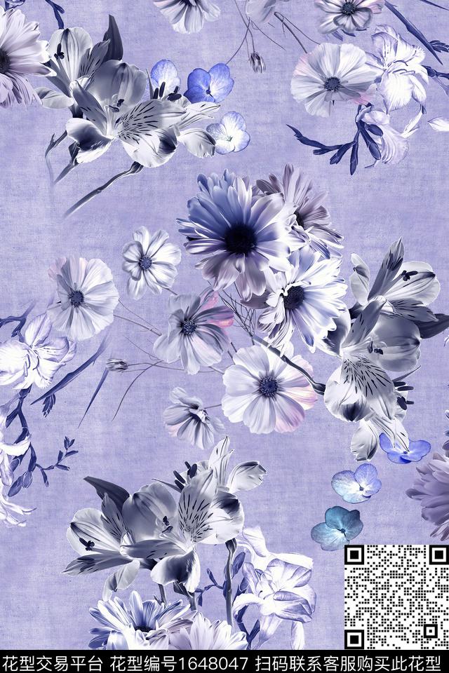 年轻女装满版散花花卉数码印花花型下载（图片编号: 1648047） - 瓦栏（Walan）