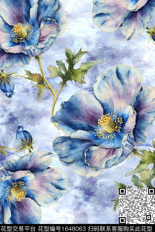 年轻女装手绘大花满版散花数码印花花型下载（图片编号: 1648063） - 瓦栏（Walan）