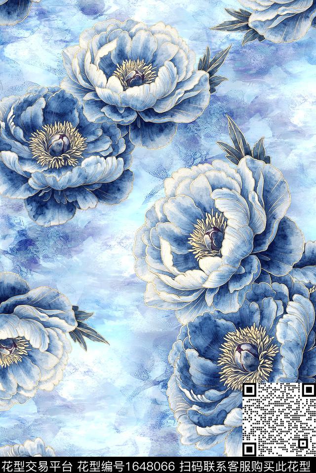 年轻女装手绘大花满版散花数码印花花型下载（图片编号: 1648066） - 瓦栏（Walan）