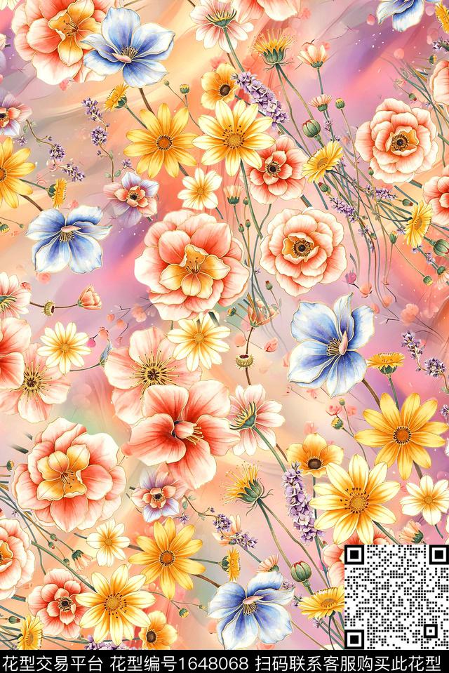 年轻女装满版散花花卉数码印花花型下载（图片编号: 1648068） - 瓦栏（Walan）