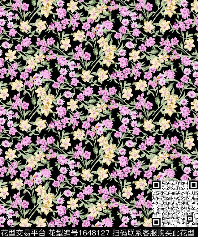 花卉小碎花黑底花卉传统印花花型下载（图片编号: 1648127） - 瓦栏（Walan）