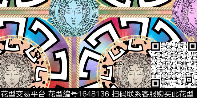美杜莎头像希腊回纹奢华风格数码印花花型下载（图片编号: 1648136） - 瓦栏（Walan）