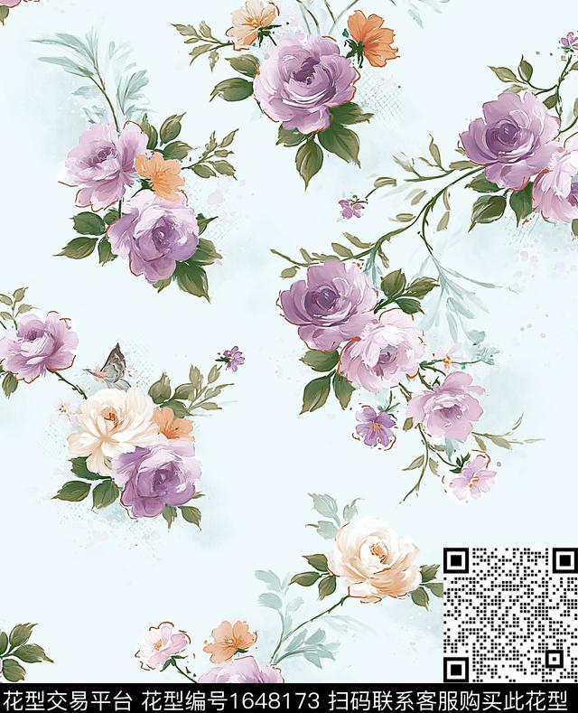 影花手绘玫瑰玫瑰花数码印花花型下载（图片编号: 1648173） - 瓦栏（Walan）