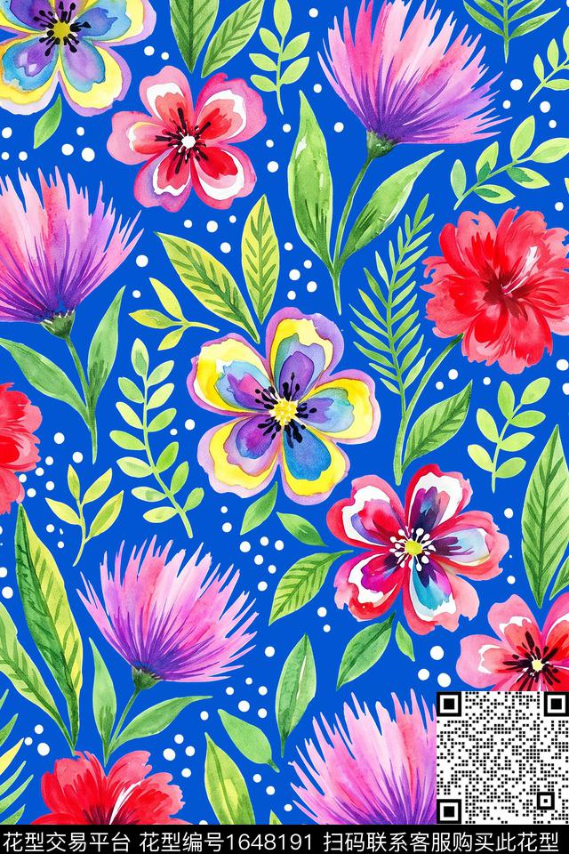 花卉水彩花卉波点数码印花花型下载（图片编号: 1648191） - 瓦栏（Walan）