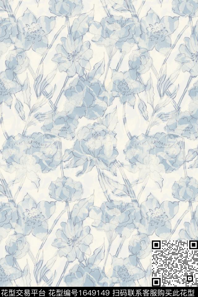 小清新蓝白花卉数码印花花型下载（图片编号: 1649149） - 瓦栏（Walan）
