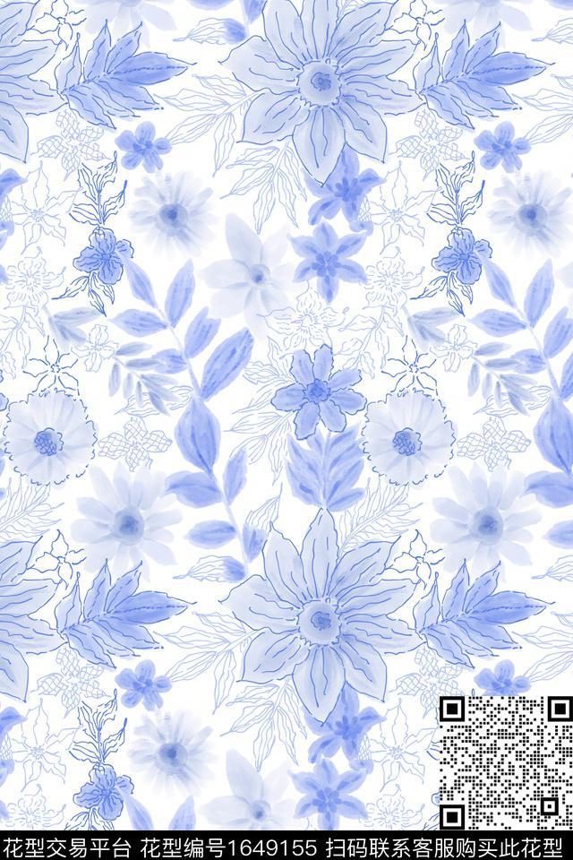 小清新清爽底花卉蓝白数码印花花型下载（图片编号: 1649155） - 瓦栏（Walan）