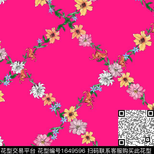 花卉水彩格子数码印花花型下载（图片编号: 1649596） - 瓦栏（Walan）