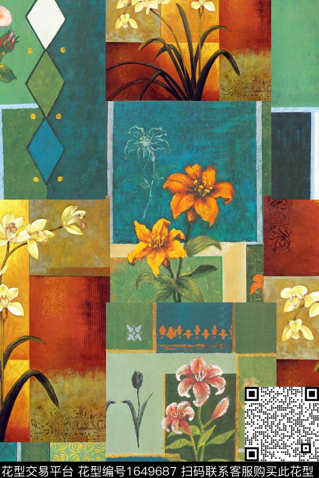 拼接花卉油画花型休闲风数码印花花型下载（图片编号: 1649687） - 瓦栏（Walan）