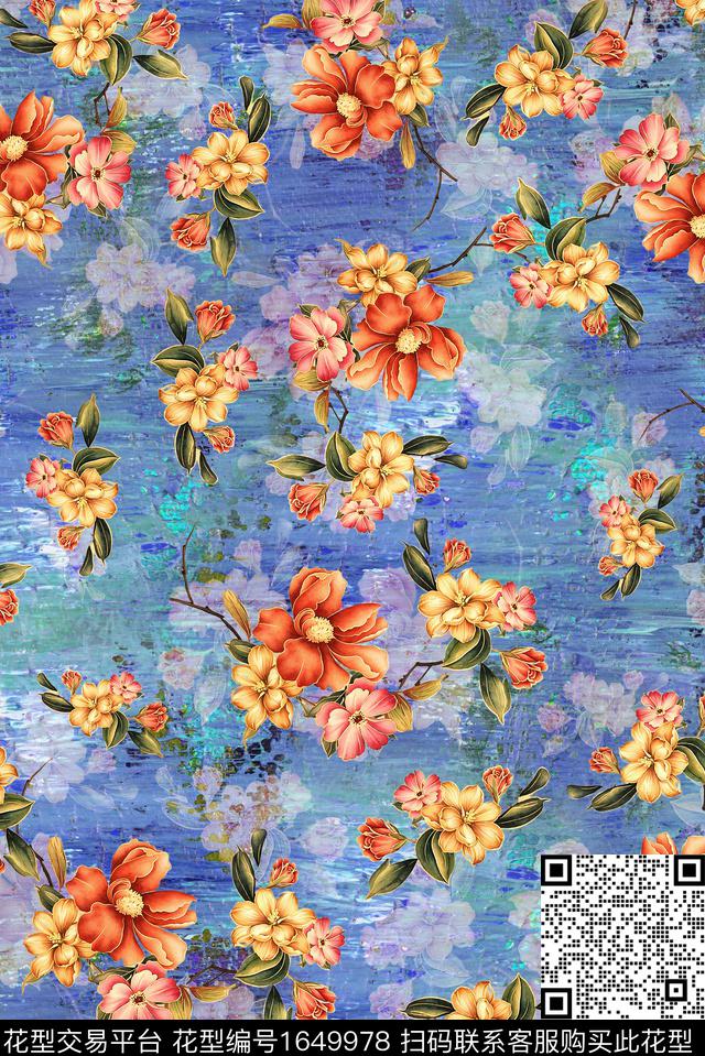 年轻女装满版散花花卉数码印花花型下载（图片编号: 1649978） - 瓦栏（Walan）