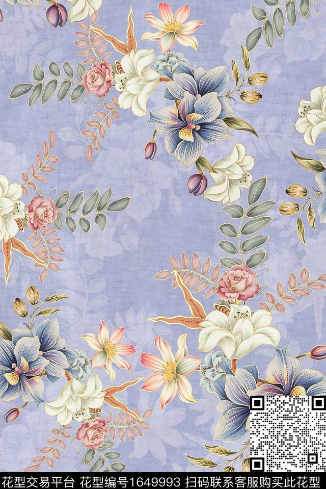 年轻女装满版散花花卉数码印花花型下载（图片编号: 1649993） - 瓦栏（Walan）