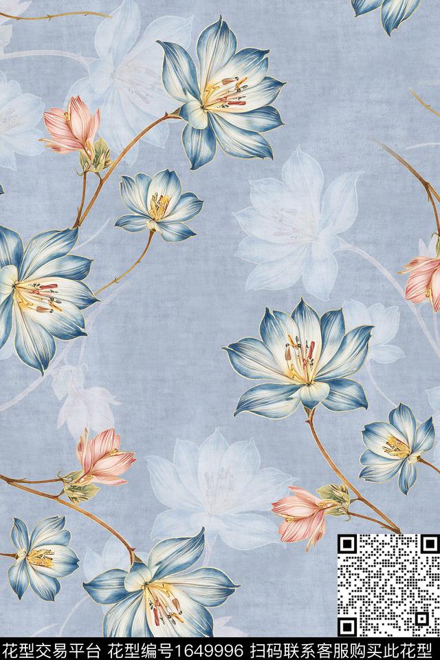 年轻女装满版散花花卉数码印花花型下载（图片编号: 1649996） - 瓦栏（Walan）