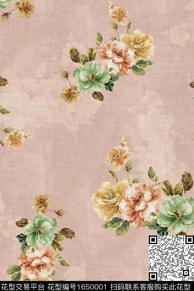 年轻女装满版散花花卉数码印花花型下载（图片编号: 1650001） - 瓦栏（Walan）