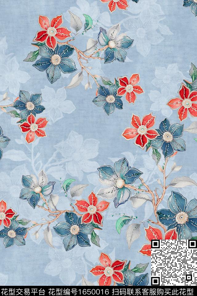年轻女装满版散花花卉数码印花花型下载（图片编号: 1650016） - 瓦栏（Walan）