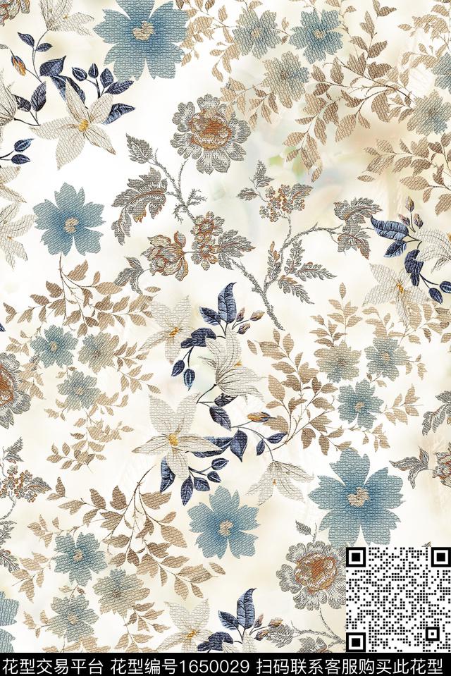 手绘花卉满版花卉抽象花卉数码印花花型下载（图片编号: 1650029） - 瓦栏（Walan）