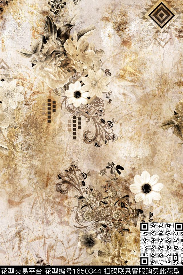 中老年几何花卉数码印花花型下载（图片编号: 1650344） - 瓦栏（Walan）
