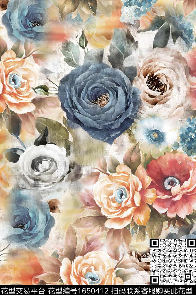 水彩花卉手绘花卉组合花数码印花花型下载（图片编号: 1650412） - 瓦栏（Walan）