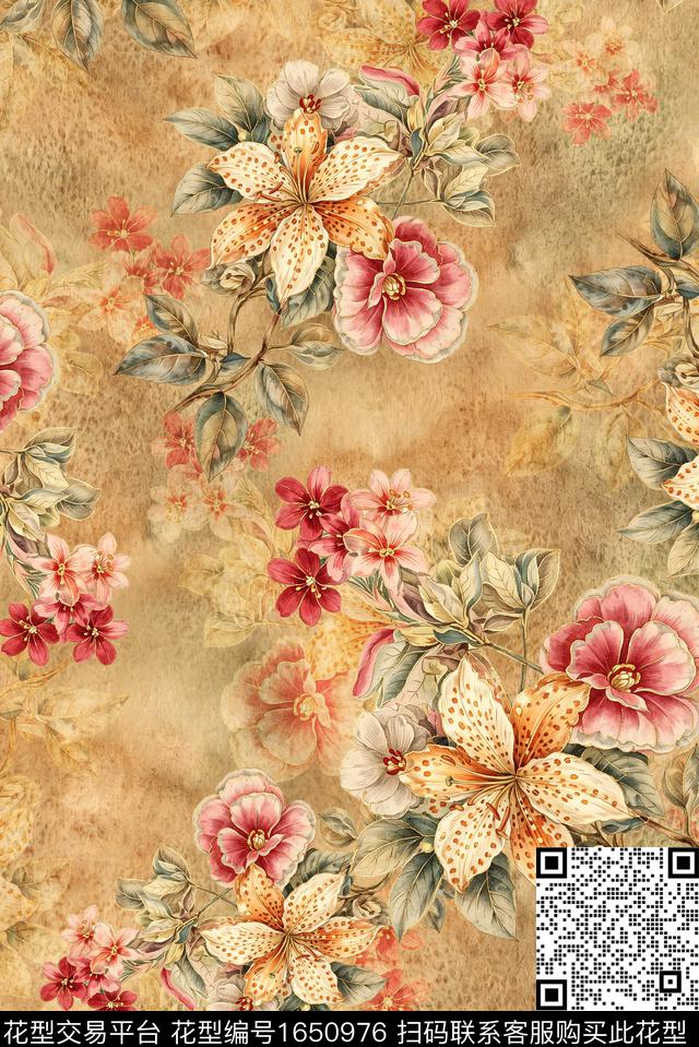 年轻女装满版散花朦胧花卉数码印花花型下载（图片编号: 1650976） - 瓦栏（Walan）