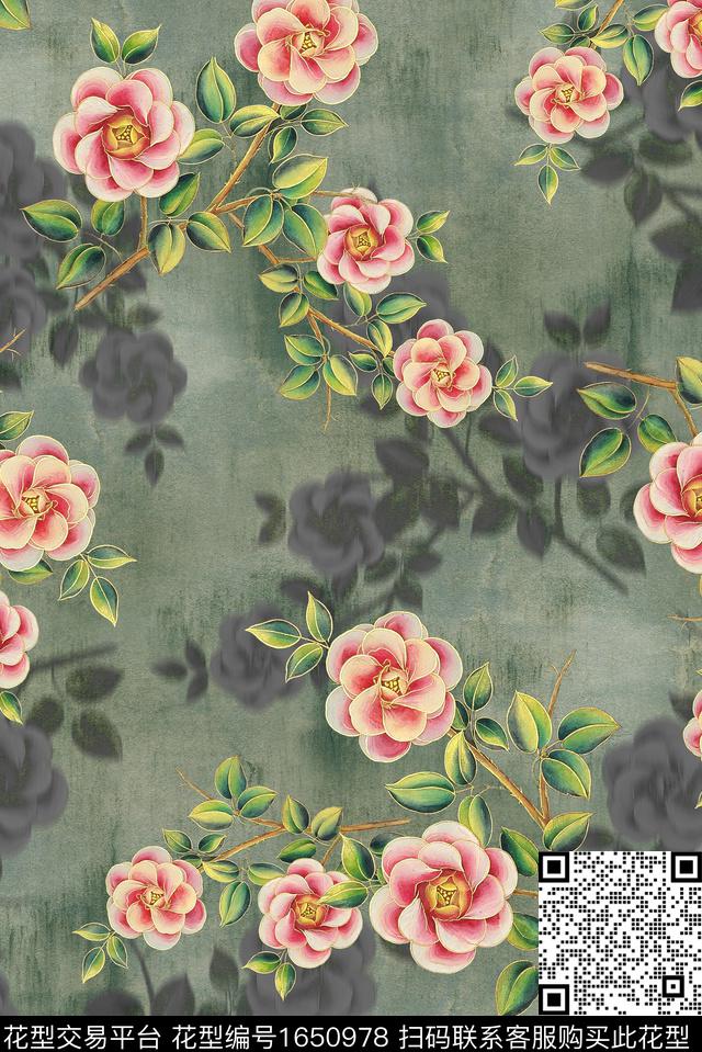 年轻女装满版散花朦胧花卉数码印花花型下载（图片编号: 1650978） - 瓦栏（Walan）