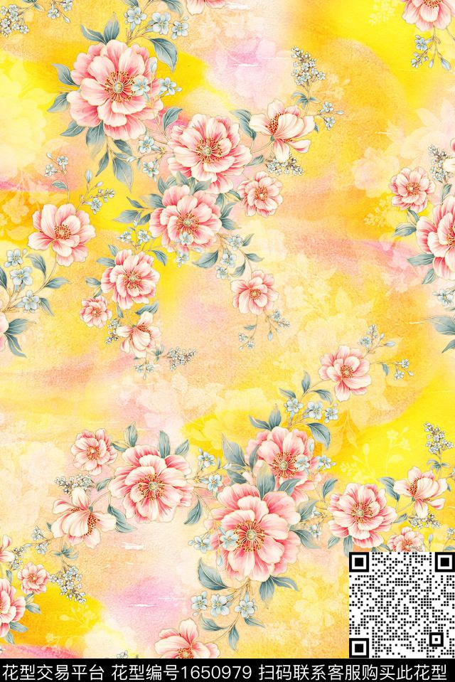 年轻女装满版散花朦胧花卉数码印花花型下载（图片编号: 1650979） - 瓦栏（Walan）