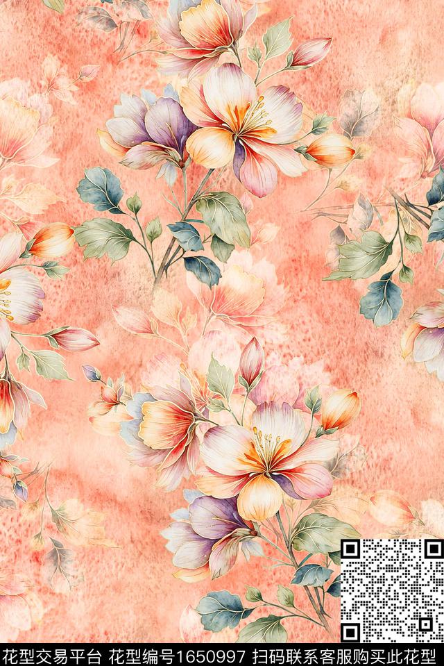 年轻女装满版散花朦胧花卉数码印花花型下载（图片编号: 1650997） - 瓦栏（Walan）