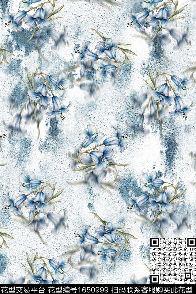 年轻女装满版散花朦胧花卉数码印花花型下载（图片编号: 1650999） - 瓦栏（Walan）