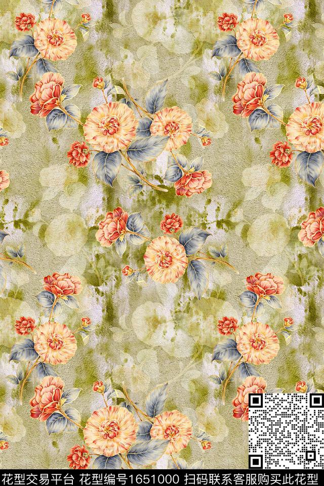年轻女装满版散花朦胧花卉数码印花花型下载（图片编号: 1651000） - 瓦栏（Walan）