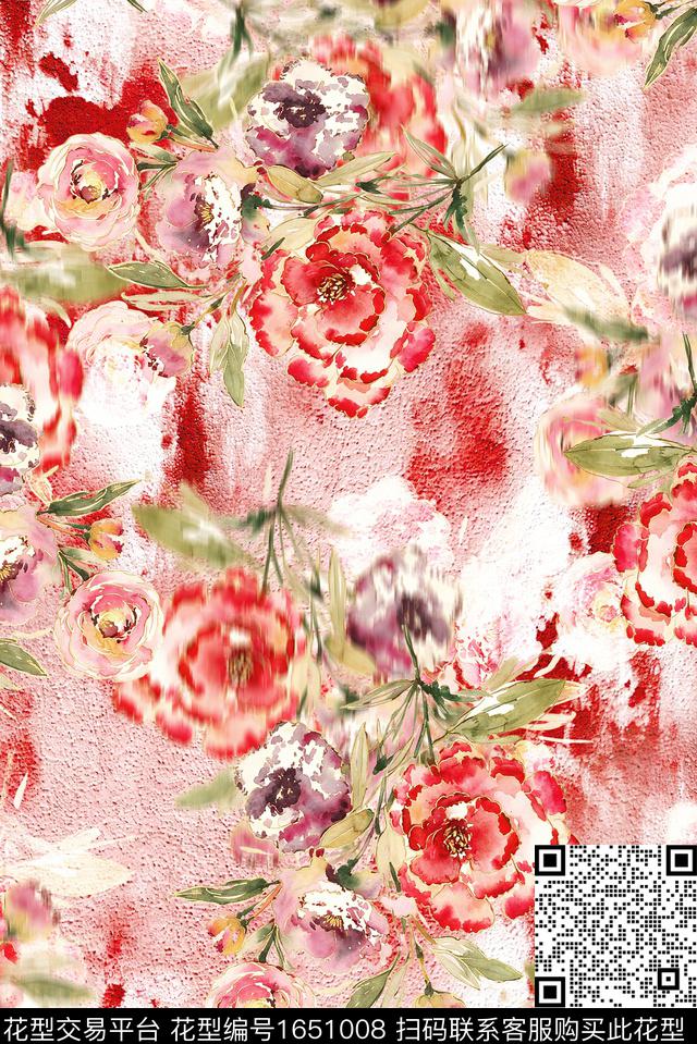 年轻女装满版散花朦胧花卉数码印花花型下载（图片编号: 1651008） - 瓦栏（Walan）