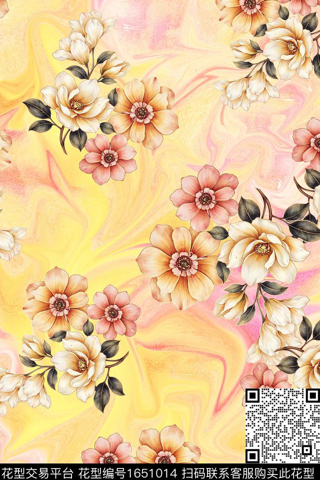 年轻女装满版散花朦胧花卉数码印花花型下载（图片编号: 1651014） - 瓦栏（Walan）