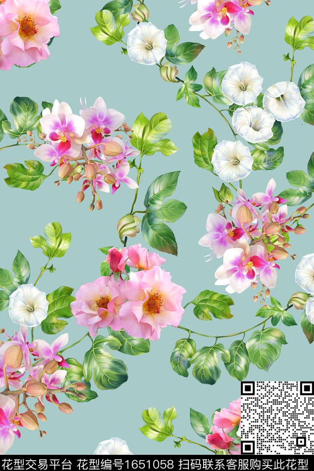 年轻女装真丝花卉数码印花花型下载（图片编号: 1651058） - 瓦栏（Walan）