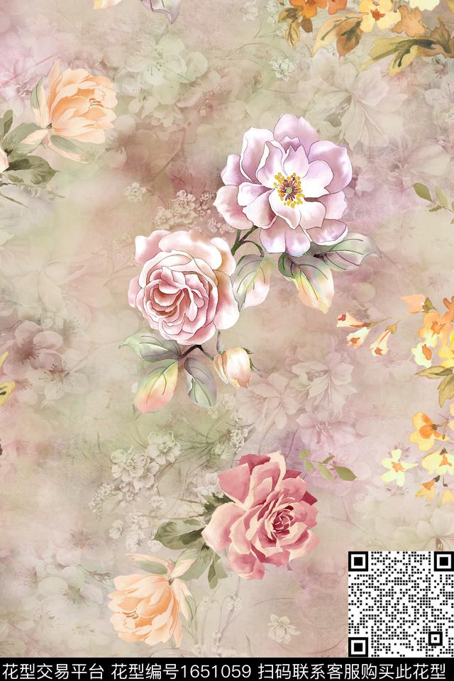 年轻女装真丝花卉数码印花花型下载（图片编号: 1651059） - 瓦栏（Walan）