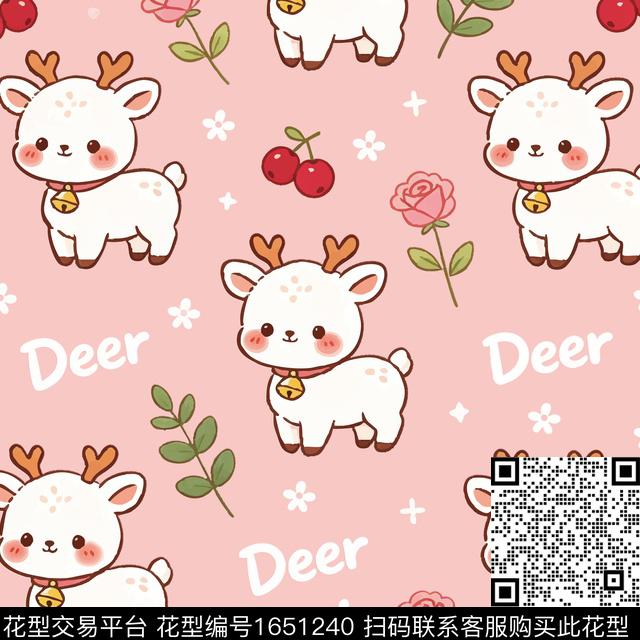 玫瑰花鹿字母数码印花花型下载（图片编号: 1651240） - 瓦栏（Walan）