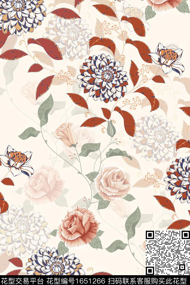 矢量清爽型花卉年轻花型传统印花花型下载（图片编号: 1651266） - 瓦栏（Walan）