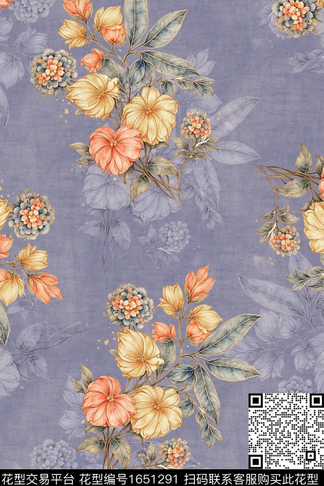 年轻女装满版散花朦胧花卉数码印花花型下载（图片编号: 1651291） - 瓦栏（Walan）