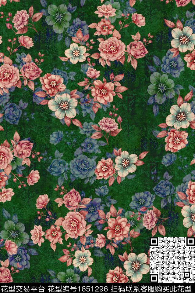 年轻女装满版散花朦胧花卉数码印花花型下载（图片编号: 1651296） - 瓦栏（Walan）