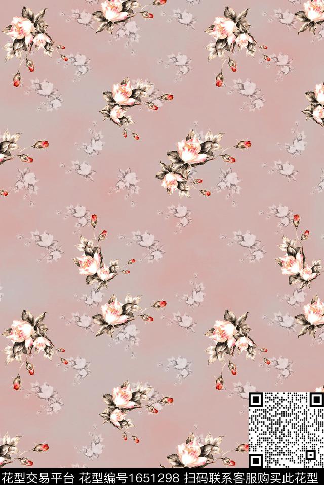 年轻女装满版散花朦胧花卉数码印花花型下载（图片编号: 1651298） - 瓦栏（Walan）