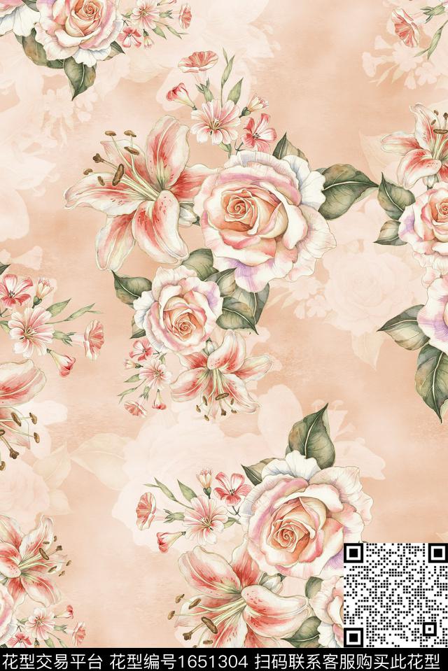 年轻女装满版散花朦胧花卉数码印花花型下载（图片编号: 1651304） - 瓦栏（Walan）