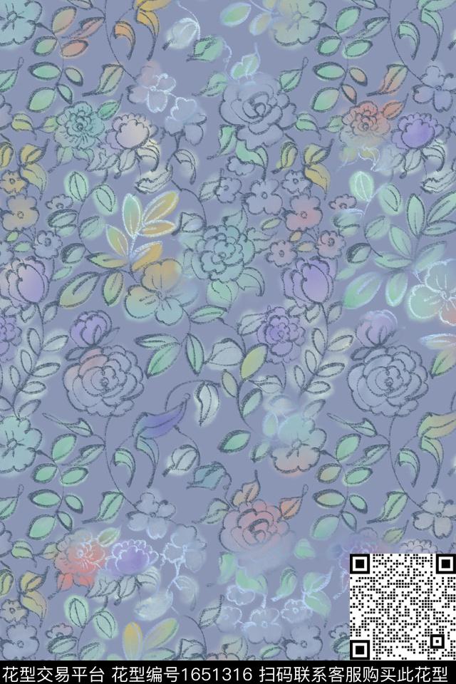 线条花卉小碎花数码印花花型下载（图片编号: 1651316） - 瓦栏（Walan）