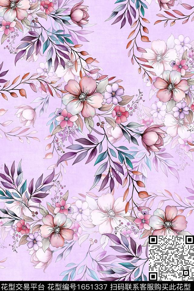 年轻女装满版散花朦胧花卉数码印花花型下载（图片编号: 1651337） - 瓦栏（Walan）