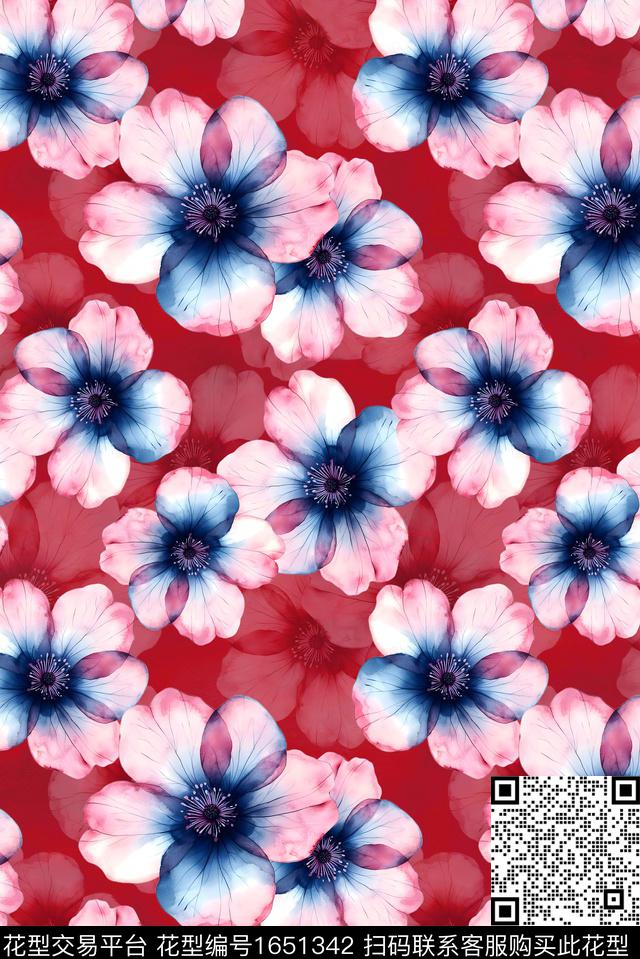 年轻女装满版散花朦胧花卉数码印花花型下载（图片编号: 1651342） - 瓦栏（Walan）