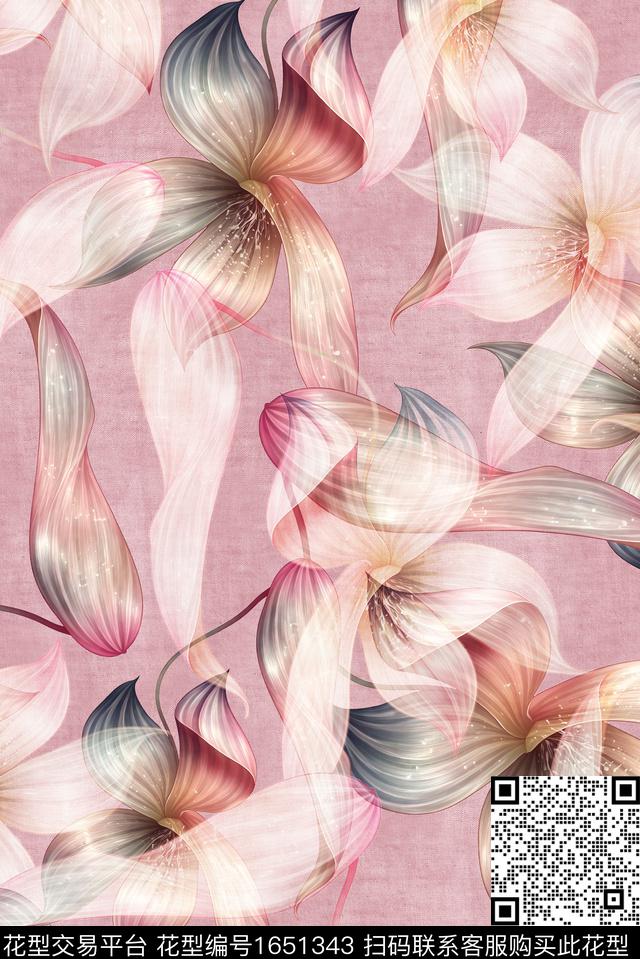 年轻女装满版散花朦胧花卉数码印花花型下载（图片编号: 1651343） - 瓦栏（Walan）