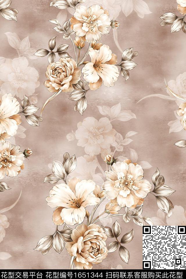年轻女装满版散花水彩花卉数码印花花型下载（图片编号: 1651344） - 瓦栏（Walan）