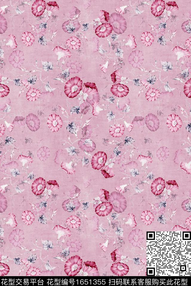 年轻女装满版散花水彩花卉数码印花花型下载（图片编号: 1651355） - 瓦栏（Walan）