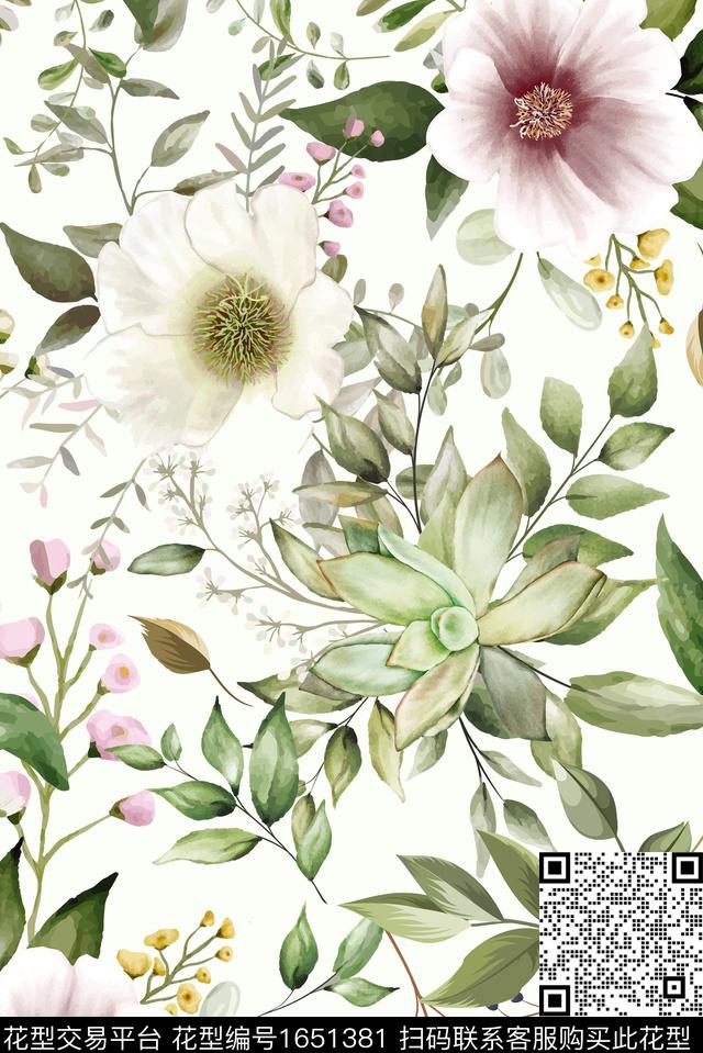 热带花型绿植树叶矢量花卉传统印花花型下载（图片编号: 1651381） - 瓦栏（Walan）