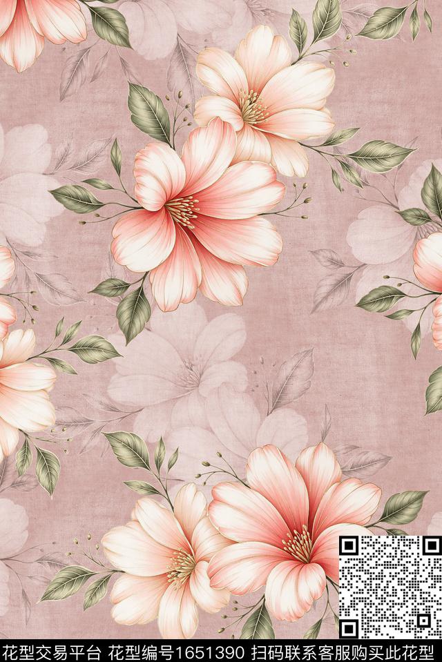 年轻女装满版散花水彩花卉数码印花花型下载（图片编号: 1651390） - 瓦栏（Walan）